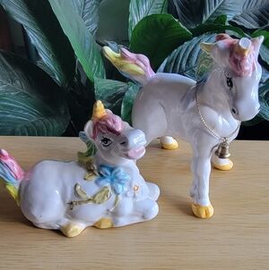 Vintage Ceramic Unicorn Figurine Set - White with Multicolor Accents